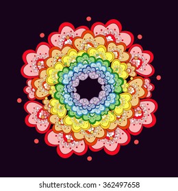 Colorful abstract flowers pattern. Isolated circled element for design. Logo template. Vector illustration.Hand drawn wreath background