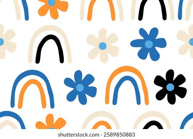Colorful abstract flowers with rainbows seamless pattern 