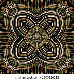 Colorful abstract flowers seamless pattern. Ethnic style ornamental geometric vector background. Repeat modern backdrop. Swirls, curves, stripes, shapes, dots, lines. Flowers onament for fabric, print