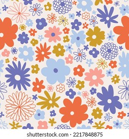 Colorful abstract flowers seamless pattern.  Hippie flower repeat background. Summer Ditsy pattern  for fabric or wallpaper design.