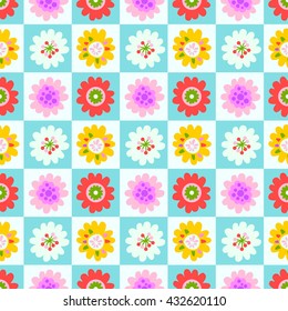 Colorful abstract flowers seamless pattern with blue white checkerboard tile background. Vector illustration for textiles, home decor, wallpapers design