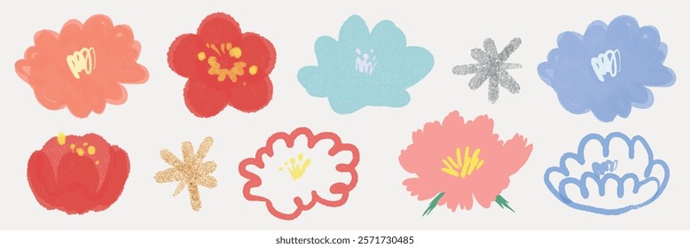 Colorful abstract flowers in various shapes and sizes. Red, blue, and pink flowers with unique designs. Artistic floral patterns in a playful style. Cute vector set.