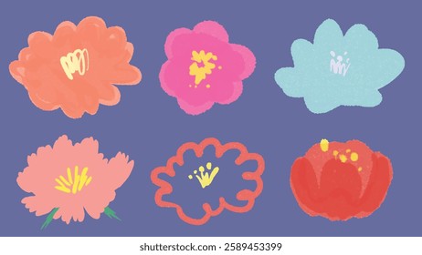 Colorful abstract flowers in various shapes and hues on a purple background. Bright flowers, abstract flowers, floral shapes, vibrant flowers. Cute vector set.