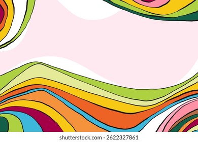 Colorful Abstract Fluid Retro Wave Lines. Groovy retro lines in pink and green. Psychedelic 70s design. Funky swirl background. Vintage pop art inspired wallpaper.