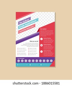 Colorful abstract flyer template design with headline we deliver grade applications use red, blue, purple pastel colors on element. vertical layout with white background. diagonal space for photo