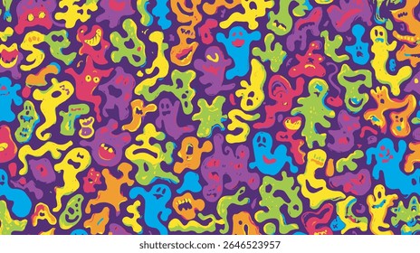 Colorful abstract forms float against dark background generating vibrant patterns