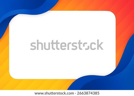 Colorful abstract frame with blue wave corners over yellow-orange-red gradient and large white center for text or design