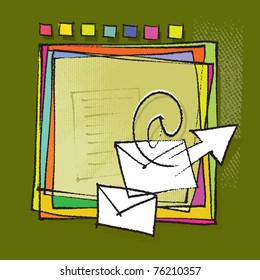 Colorful abstract frame design (envelopes, mailing motive, chalk technique, textured grunge vector)