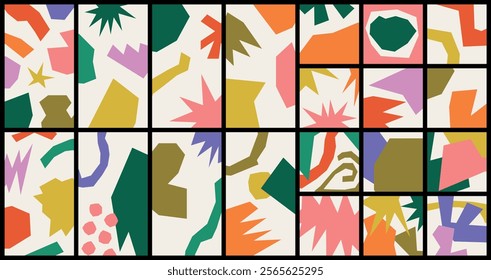 Colorful, abstract and funky backgrounds. Vertical and square backgrounds for social networks. Patterns with naive and cut-out shapes.
