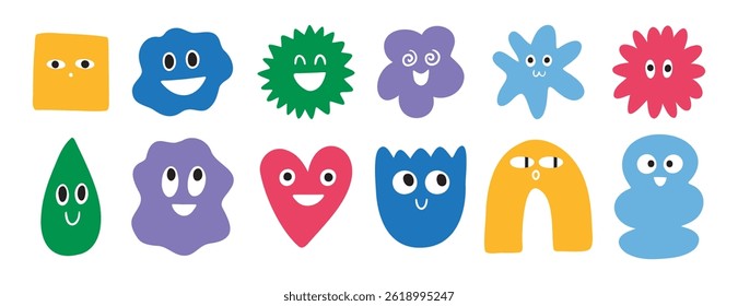 colorful abstract funny characters shape cartoon doodle set. Trendy retro 90s style art collection with faces drawing. Vector illustration