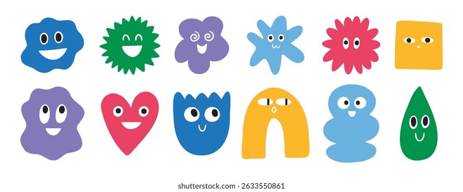 colorful abstract funny characters shape cartoon doodle set. Trendy retro 90s style art collection with faces drawing. Vector illustration