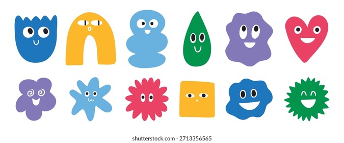 Colorido abstracto divertido personajes forma de dibujos animados doodle set. Colección de arte de estilo retro de moda de los años 90 con dibujos de caras. Ilustración vectorial