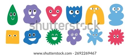 colorful abstract funny characters shape cartoon doodle set. Trendy retro 90s style art collection with faces drawing. Vector illustration