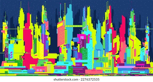 Colorful Abstract Futuristic Sci-fi Cyber Space City Landscape Vector Illustration