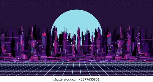Colorful Abstract Futuristic Sci-fi Cyber Space City Landscape Vector Illustration Background Template Element