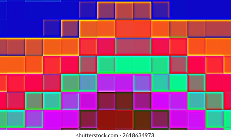 Colorful abstract geometric background featuring vibrant squares arranged in a pyramid pattern. Bright neon shades of blue, orange, red, green, and purple create a playful and energetic digital art
