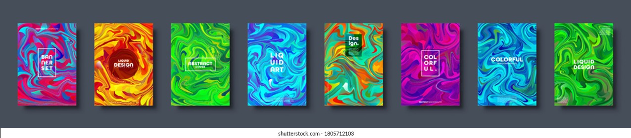 Colorful abstract geometric background. Liquid dynamic gradient waves. Fluid marble texture. Modern covers set. Vector illustration.