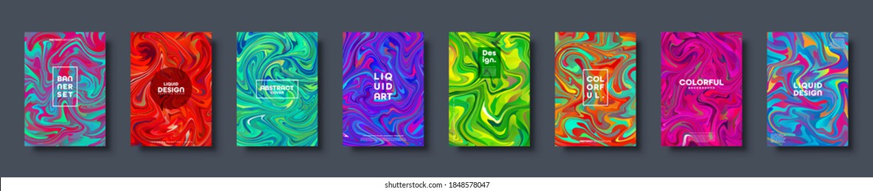 Colorful abstract geometric background. Liquid dynamic gradient waves. Fluid marble texture. Modern covers set. Vector illustration.