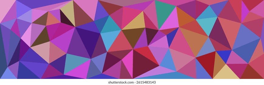 Colorful abstract geometric background made of vibrant, overlapping triangles in various shades, creating a dynamic and modern mosaic pattern.	