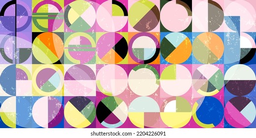 colorful abstract geometric background pattern, retro style, with circles, semicircle, squares, paint strokes and splashes