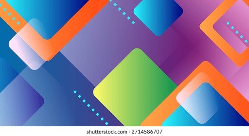 Fondo geométrico abstracto colorido con cuadrados redondeados, capas diagonales y Gradientes lisos en azul, púrpura, verde y naranja, creando un estilo visual moderno, juguetón y dinámico.