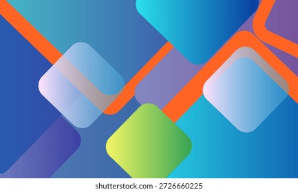 Fundo geométrico abstrato colorido com quadrados arredondados, camadas diagonais e gradientes suaves em azul, roxo, verde e laranja, 
