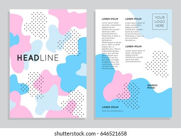 Colorful abstract geometric background template. Design layout set in Memphis style, 80`s, 90`s, mockup brochure theme style for flyer, poster, banner, cover, blank, card, A4, leaflet, invitation