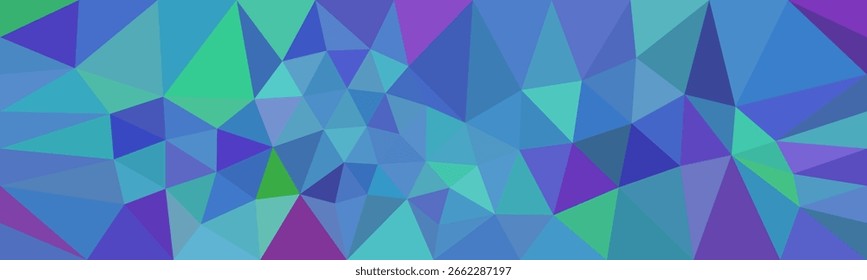 Farbiger abstrakter geometrischer Hintergrund mit verschiedenen Schattierungen von blauen, grünen und violetten Dreiecken, die ein Low-Poly-Mosaikmuster bilden.

