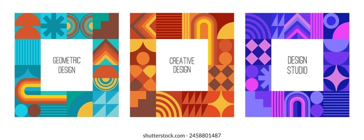 Coloridos fondos geométricos abstractos y patrones. Afiches de concepto colorido moderno y diseño de pared. Formas y Elementos modulares, Ilustración vectorial