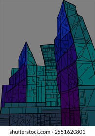 Colorful abstract geometric buildings rising against a gray background. An abstract representation of geometric buildings in vibrant colors set against a gray background.