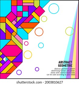 Colorful abstract geometric design clustered on the upper left with sharp angles and intersecting lines,fading into a white background scattered with pastel circular outlines,subtle rainbow accents.