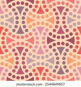 Colorful abstract geometric design with curved dotted lines and small triangles in vintage pastel hues. Stylish retro style. Seamless repeating pattern. Vector illustration.