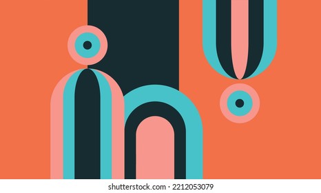 Colorful abstract geometric flat vector art illustration background with coral, cyan and dark blue color shapes.