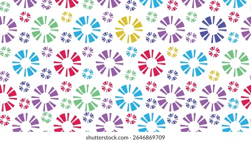 Colorful abstract geometric flower pattern with symmetrical radial designs in vibrant tones on white background, perfect for modern textiles, wrapping paper, kids’  and digital prints.