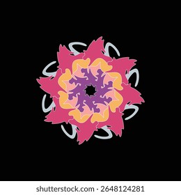 Design geométrico colorido inspirado em flores com simetria radial, tons vibrantes e elementos circulares sobre fundo preto sólido