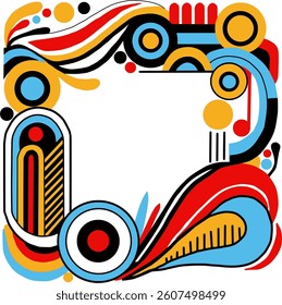 Colorful abstract geometric frame design with curved lines, circles, and bold shapes in red, blue, yellow, and black. 