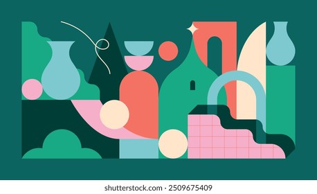 Colorful, abstract and geometric landscape, with architectural elements, ceramics and pottery