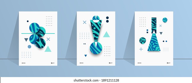 Colorful abstract geometric magazine backdrop on white background. Set of modern poster vector designs for marketing and leaflets. Blue abstract shapes on paper