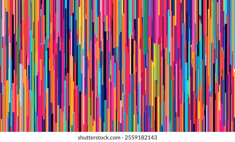 Colorful abstract geometric mosaic design artwork with irregular vertical lines arranged in random colorful gradient. Dynamic gradient of vibrant rainbow tones for creative projects. Vector background