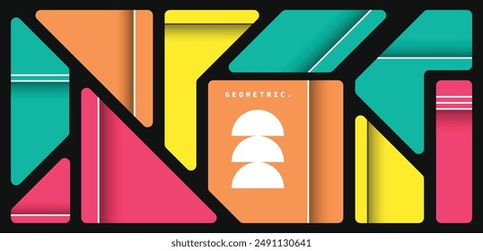 Colorful abstract geometric pattern background. Creative polygon backdrop. Triangle, parallelogram, semi circle shapes poster.