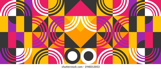 Colorful abstract geometric pattern featuring vibrant pink, yellow, black, and orange shapes. Include arc triangle,and circles in a bold, modern symmetrical layout.digital print and and textiles