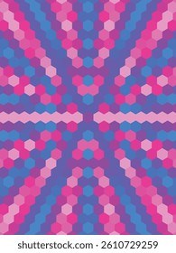 A colorful abstract geometric pattern featuring hexagonal shapes in shades of pink, blue, and purple, creating a symmetrical and dynamic visual effect.