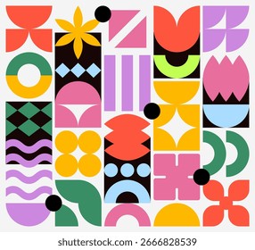 Padrão geométrico abstrato colorido com formas modernas criativas e coloridas. Fundo de mosaico minimalista moderno brincalhão em um estilo Bauhaus e brutalista para cartazes ou capas