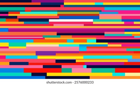 Colorful abstract geometric pattern with randomly stacked rainbow rectangles and squares. Trendy block mosaic design with colored chaotic squares for banner, poster, flyer, cover. Vector illustration