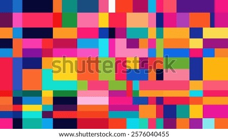 Colorful abstract geometric pattern with randomly stacked rainbow rectangles and squares. Trendy block mosaic design with colored chaotic squares for banner, poster, flyer, cover. Vector illustration