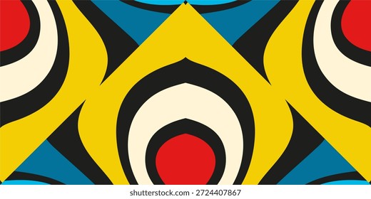 A colorful abstract geometric pattern with red, yellow, blue and cream shapes