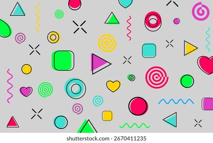 Colorful Abstract Geometric Pattern with Retro Shapes on Gray Background