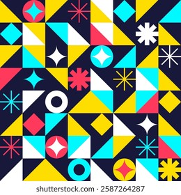 Colorful Abstract Geometric Pattern with Stars, Triangles, and Circles on Dark Background Vector Illustration