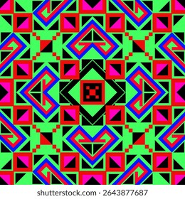 Colorful abstract geometric pattern with triangles and squares in a seamless retro style background