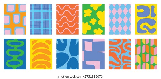 Colorful abstract geometric pattern vector set with pink yellow purple blue and peach shapes. Playful retro modern design for wallpaper, textile, packaging, poster and background.